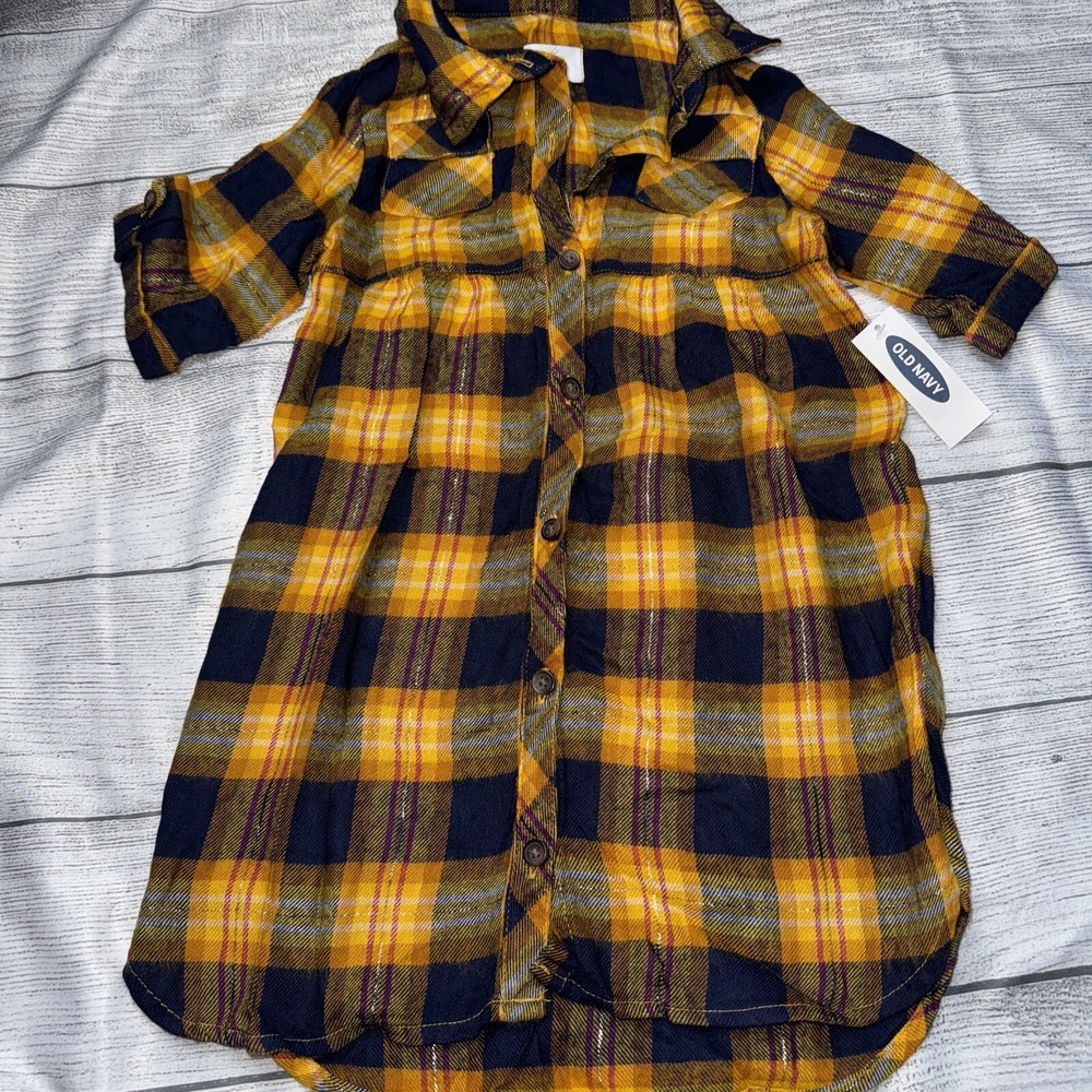 Old Navy 4T Girls Flannel Dress Mustard Yellow Navy Blue Fall NEW Soft